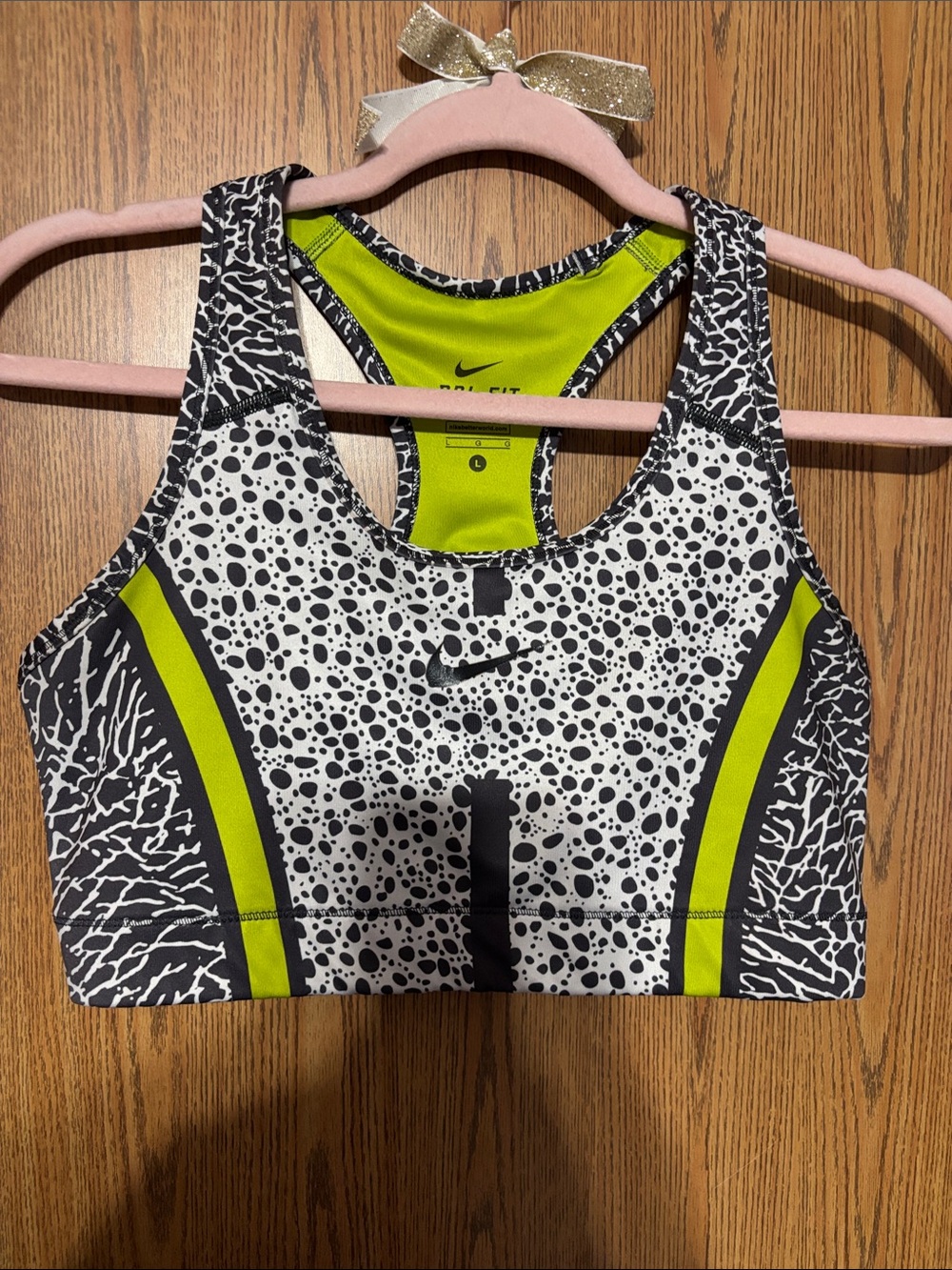 Nike Black, White & Lime Green Dri-FIT Patterned Sports Bra